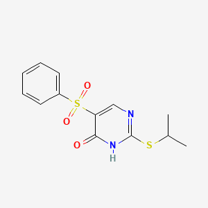 molecular formula C13H14N2O3S2 B2822492 2-(异丙基硫基)-5-(苯基磺酰基)-4-嘧啶醇 CAS No. 478247-41-5
