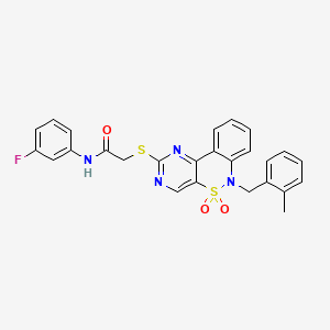 molecular formula C26H21FN4O3S2 B2822504 N-(3-氟苯基)-2-{[6-(2-甲基苯基)-5,5-二氧化-6H-嘧啶并[5,4-c][2,1]苯并噻嗪-2-基]硫}乙酰胺 CAS No. 895100-48-8
