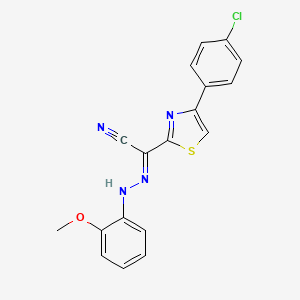 molecular formula C18H13ClN4OS B2822524 (2E)-4-(4-chlorophenyl)-N-(2-methoxyanilino)-1,3-thiazole-2-carboximidoyl cyanide CAS No. 477188-67-3