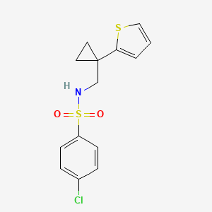 molecular formula C14H14ClNO2S2 B2822542 4-chloro-N-((1-(thiophen-2-yl)cyclopropyl)methyl)benzenesulfonamide CAS No. 1202988-56-4