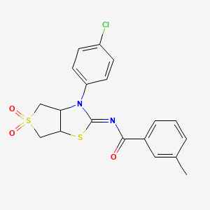 molecular formula C19H17ClN2O3S2 B2822591 (E)-N-(3-(4-chlorophenyl)-5,5-dioxidotetrahydrothieno[3,4-d]thiazol-2(3H)-ylidene)-3-methylbenzamide CAS No. 873811-05-3