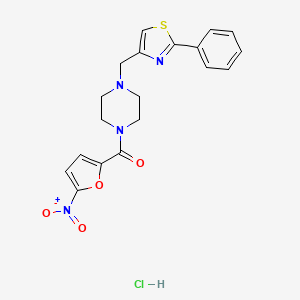 molecular formula C19H19ClN4O4S B2822598 (5-Nitrofuran-2-yl)(4-((2-phenylthiazol-4-yl)methyl)piperazin-1-yl)methanone hydrochloride CAS No. 1351662-00-4
