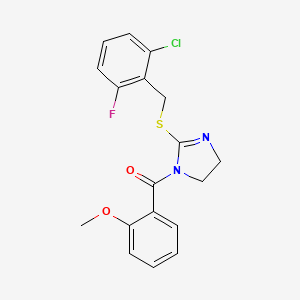 molecular formula C18H16ClFN2O2S B2822636 (2-((2-chloro-6-fluorobenzyl)thio)-4,5-dihydro-1H-imidazol-1-yl)(2-methoxyphenyl)methanone CAS No. 851802-74-9