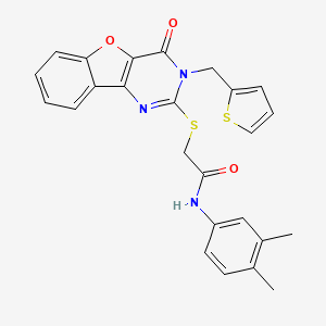 molecular formula C25H21N3O3S2 B2822647 N-(3,4-dimethylphenyl)-2-{[4-oxo-3-(thiophen-2-ylmethyl)-3,4-dihydro[1]benzofuro[3,2-d]pyrimidin-2-yl]sulfanyl}acetamide CAS No. 899754-64-4