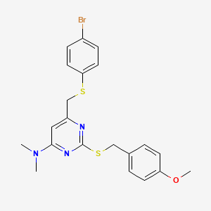 molecular formula C21H22BrN3OS2 B2822785 6-{[(4-bromophenyl)sulfanyl]methyl}-2-[(4-methoxybenzyl)sulfanyl]-N,N-dimethyl-4-pyrimidinamine CAS No. 478261-65-3