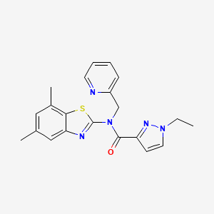 molecular formula C21H21N5OS B2822875 N-(5,7-二甲基苯并[1,3]噻嗪-2-基)-1-乙基-N-(吡啶-2-基甲基)-1H-吡唑-3-甲酰胺 CAS No. 1170524-67-0