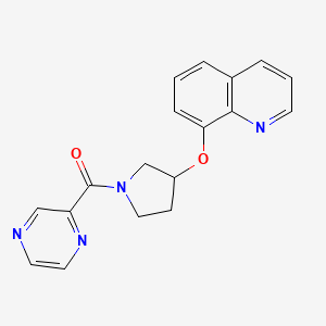 molecular formula C18H16N4O2 B2822888 Pyrazin-2-yl(3-(quinolin-8-yloxy)pyrrolidin-1-yl)methanone CAS No. 1902979-97-8