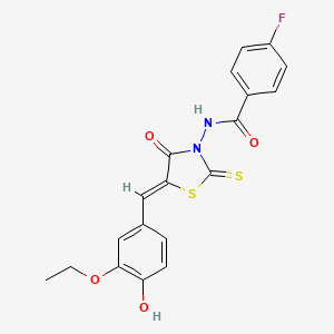 molecular formula C19H15FN2O4S2 B2822966 (Z)-N-(5-(3-ethoxy-4-hydroxybenzylidene)-4-oxo-2-thioxothiazolidin-3-yl)-4-fluorobenzamide CAS No. 638138-71-3