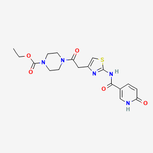 molecular formula C18H21N5O5S B2822974 乙酸-4-(2-(2-(6-氧代-1,6-二氢吡啶-3-甲酰基)噻唑-4-基)乙酰)哌嗪-1-甲酸乙酯 CAS No. 946207-75-6