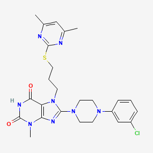 molecular formula C25H29ClN8O2S B2822999 8-[4-(3-chlorophenyl)piperazin-1-yl]-7-{3-[(4,6-dimethylpyrimidin-2-yl)sulfanyl]propyl}-3-methyl-2,3,6,7-tetrahydro-1H-purine-2,6-dione CAS No. 673494-30-9