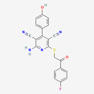 molecular formula C21H13FN4O2S B2823097 2-Amino-6-((2-(4-fluorophenyl)-2-oxoethyl)thio)-4-(4-hydroxyphenyl)pyridine-3,5-dicarbonitrile CAS No. 332045-61-1