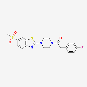 molecular formula C20H20FN3O3S2 B2823108 2-(4-Fluorophenyl)-1-(4-(6-(methylsulfonyl)benzo[d]thiazol-2-yl)piperazin-1-yl)ethanone CAS No. 941892-90-6