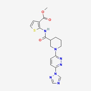 molecular formula C18H19N7O3S B2823135 methyl 2-(1-(6-(1H-1,2,4-triazol-1-yl)pyridazin-3-yl)piperidine-3-carboxamido)thiophene-3-carboxylate CAS No. 1797563-37-1
