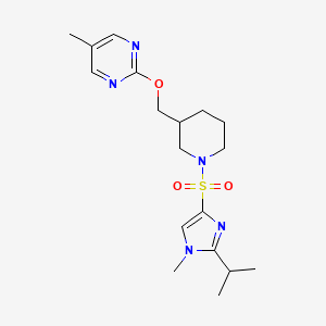 molecular formula C18H27N5O3S B2823140 5-Methyl-2-[[1-(1-methyl-2-propan-2-ylimidazol-4-yl)sulfonylpiperidin-3-yl]methoxy]pyrimidine CAS No. 2379947-87-0