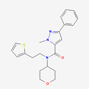 molecular formula C22H25N3O2S B2823148 1-methyl-3-phenyl-N-(tetrahydro-2H-pyran-4-yl)-N-(2-(thiophen-2-yl)ethyl)-1H-pyrazole-5-carboxamide CAS No. 1795492-09-9