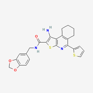 molecular formula C24H21N3O3S2 B2823173 1-amino-N-(1,3-benzodioxol-5-ylmethyl)-5-(thiophen-2-yl)-6,7,8,9-tetrahydrothieno[2,3-c]isoquinoline-2-carboxamide CAS No. 839700-22-0