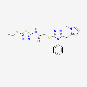 molecular formula C21H23N7OS3 B2823181 N-(5-ethylsulfanyl-1,3,4-thiadiazol-2-yl)-2-[[4-(4-methylphenyl)-5-[(1-methylpyrrol-2-yl)methyl]-1,2,4-triazol-3-yl]sulfanyl]acetamide CAS No. 847392-78-3