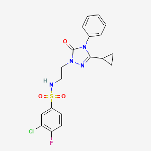 molecular formula C19H18ClFN4O3S B2823192 3-chloro-N-(2-(3-cyclopropyl-5-oxo-4-phenyl-4,5-dihydro-1H-1,2,4-triazol-1-yl)ethyl)-4-fluorobenzenesulfonamide CAS No. 1396854-22-0
