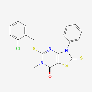 molecular formula C19H14ClN3OS3 B2823197 5-((2-chlorobenzyl)thio)-6-methyl-3-phenyl-2-thioxo-2,3-dihydrothiazolo[4,5-d]pyrimidin-7(6H)-one CAS No. 1114602-82-2