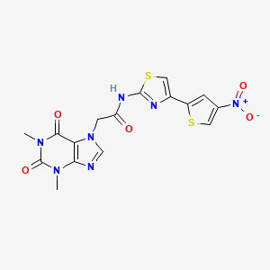 molecular formula C16H13N7O5S2 B2823206 2-(1,3-二甲基-2,6-二氧代-2,3-二氢-1H-嘌呤-7(6H)-基)-N-(4-(4-硝基噻吩-2-基)噻唑-2-基)乙酰胺 CAS No. 1208747-26-5