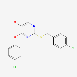 molecular formula C18H14Cl2N2O2S B2823216 2-((4-氯苯甲基)硫)-4-(4-氯苯氧基)-5-嘧啶基甲基醚 CAS No. 338423-09-9