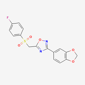 molecular formula C16H11FN2O5S B2823218 3-(Benzo[d][1,3]dioxol-5-yl)-5-(((4-fluorophenyl)sulfonyl)methyl)-1,2,4-oxadiazole CAS No. 1105232-71-0