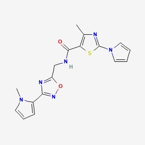 molecular formula C17H16N6O2S B2823225 4-methyl-N-((3-(1-methyl-1H-pyrrol-2-yl)-1,2,4-oxadiazol-5-yl)methyl)-2-(1H-pyrrol-1-yl)thiazole-5-carboxamide CAS No. 2034507-97-4