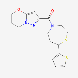 molecular formula C16H19N3O2S2 B2823257 (6,7-dihydro-5H-pyrazolo[5,1-b][1,3]oxazin-2-yl)(7-(thiophen-2-yl)-1,4-thiazepan-4-yl)methanone CAS No. 1706094-93-0