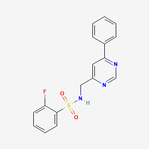 molecular formula C17H14FN3O2S B2823311 2-fluoro-N-((6-phenylpyrimidin-4-yl)methyl)benzenesulfonamide CAS No. 2176338-51-3