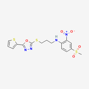 molecular formula C16H16N4O5S3 B2823340 4-(甲磺酰基)-2-硝基-N-(3-{[5-(噻吩-2-基)-1,3,4-噁二唑-2-基]硫基}丙基)苯胺 CAS No. 912906-88-8