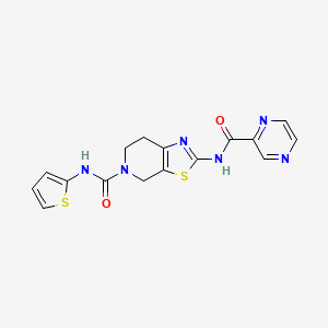 molecular formula C16H14N6O2S2 B2823344 2-(pyrazine-2-carboxamido)-N-(thiophen-2-yl)-6,7-dihydrothiazolo[5,4-c]pyridine-5(4H)-carboxamide CAS No. 1351641-31-0