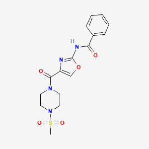 molecular formula C16H18N4O5S B2823348 N-(4-(4-(甲磺基)哌嗪-1-甲酰)噁唑-2-基)苯甲酰胺 CAS No. 1286698-71-2