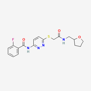 molecular formula C18H19FN4O3S B2823361 2-氟-N-(6-((2-氧代-2-(((四氢呋喃-2-基)甲基)氨基)乙基)硫)吡啶-3-基)苯甲酰胺 CAS No. 1021135-51-2