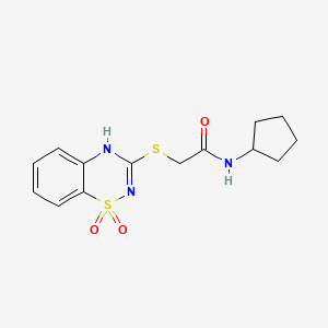 molecular formula C14H17N3O3S2 B2823389 N-cyclopentyl-2-((1,1-dioxido-4H-benzo[e][1,2,4]thiadiazin-3-yl)thio)acetamide CAS No. 896686-76-3