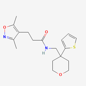 molecular formula C18H24N2O3S B2823406 3-(3,5-dimethylisoxazol-4-yl)-N-((4-(thiophen-2-yl)tetrahydro-2H-pyran-4-yl)methyl)propanamide CAS No. 1325706-96-4