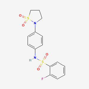 molecular formula C15H15FN2O4S2 B2823422 N-[4-(1,1-dioxo-1,2-thiazolidin-2-yl)phenyl]-2-fluorobenzenesulfonamide CAS No. 941885-66-1