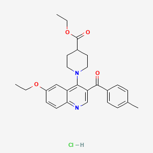 molecular formula C27H31ClN2O4 B2823448 Ethyl 1-[6-ethoxy-3-(4-methylbenzoyl)quinolin-4-yl]piperidine-4-carboxylate hydrochloride CAS No. 2097867-05-3