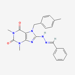 molecular formula C22H22N6O2 B2823472 (E)-8-(2-benzylidenehydrazinyl)-1,3-dimethyl-7-(4-methylbenzyl)-1H-purine-2,6(3H,7H)-dione CAS No. 375352-10-6