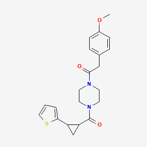 molecular formula C21H24N2O3S B2823501 2-(4-Methoxyphenyl)-1-(4-(2-(thiophen-2-yl)cyclopropanecarbonyl)piperazin-1-yl)ethanone CAS No. 1209146-90-6