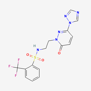 molecular formula C15H13F3N6O3S B2823556 N-(2-(6-oxo-3-(1H-1,2,4-triazol-1-yl)pyridazin-1(6H)-yl)ethyl)-2-(trifluoromethyl)benzenesulfonamide CAS No. 1448137-39-0
