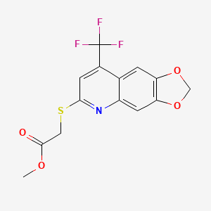 molecular formula C14H10F3NO4S B2823585 甲酸甲酯 2-((8-(三氟甲基)-[1,3]二氧代噻吩并[4,5-g]喹啉-6-基)硫)酯 CAS No. 881077-19-6