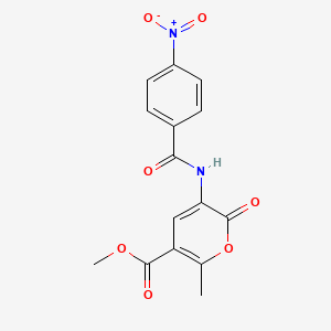 molecular formula C15H12N2O7 B2823621 甲酸甲酯 6-甲基-3-[(4-硝基苯甲酰)氨基]-2-氧代-2H-吡喃-5-羧酸酯 CAS No. 338418-37-4