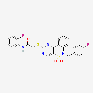 molecular formula C25H18F2N4O3S2 B2823644 2-{[6-(4-氟苯基甲基)-5,5-二氧代-6H-嘧啶并[5,4-c][2,1]苯并噻嗪-2-基]硫基}-N-(2-氟苯基)乙酰胺 CAS No. 895097-86-6