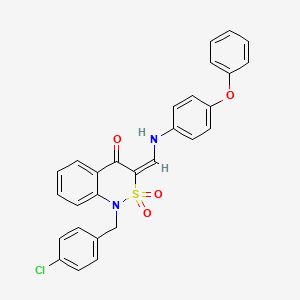 molecular formula C28H21ClN2O4S B2823650 (3E)-1-(4-chlorobenzyl)-3-{[(4-phenoxyphenyl)amino]methylene}-1H-2,1-benzothiazin-4(3H)-one 2,2-dioxide CAS No. 893318-10-0