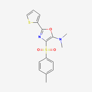 molecular formula C16H16N2O3S2 B2823679 N,N-dimethyl-4-(4-methylphenyl)sulfonyl-2-thiophen-2-yl-1,3-oxazol-5-amine CAS No. 627833-48-1