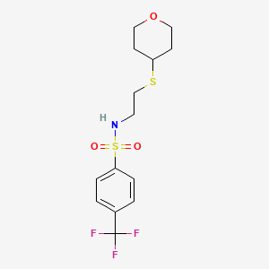 molecular formula C14H18F3NO3S2 B2823714 N-(2-((tetrahydro-2H-pyran-4-yl)thio)ethyl)-4-(trifluoromethyl)benzenesulfonamide CAS No. 2034424-94-5