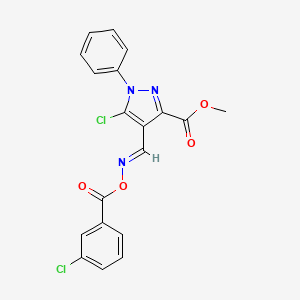 molecular formula C19H13Cl2N3O4 B2823813 methyl 5-chloro-4-({[(3-chlorobenzoyl)oxy]imino}methyl)-1-phenyl-1H-pyrazole-3-carboxylate CAS No. 956730-70-4
