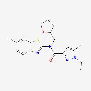 molecular formula C20H24N4O2S B2823829 1-ethyl-5-methyl-N-(6-methylbenzo[d]thiazol-2-yl)-N-((tetrahydrofuran-2-yl)methyl)-1H-pyrazole-3-carboxamide CAS No. 1171664-65-5