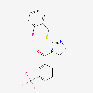 molecular formula C18H14F4N2OS B2823870 [2-[(2-氟苯基)甲基硫代]-4,5-二氢咪唑-1-基]-[3-(三氟甲基)苯基]甲酮 CAS No. 851807-07-3