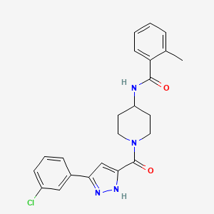 molecular formula C23H23ClN4O2 B2823991 N-(1-(3-(3-chlorophenyl)-1H-pyrazole-5-carbonyl)piperidin-4-yl)-2-methylbenzamide CAS No. 1315733-41-5